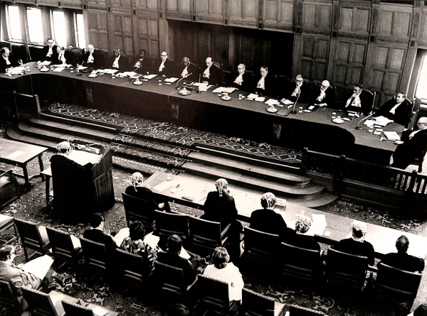 A photograph taken from long-range, showing lawyers presenting before a bench of at least 16 judges